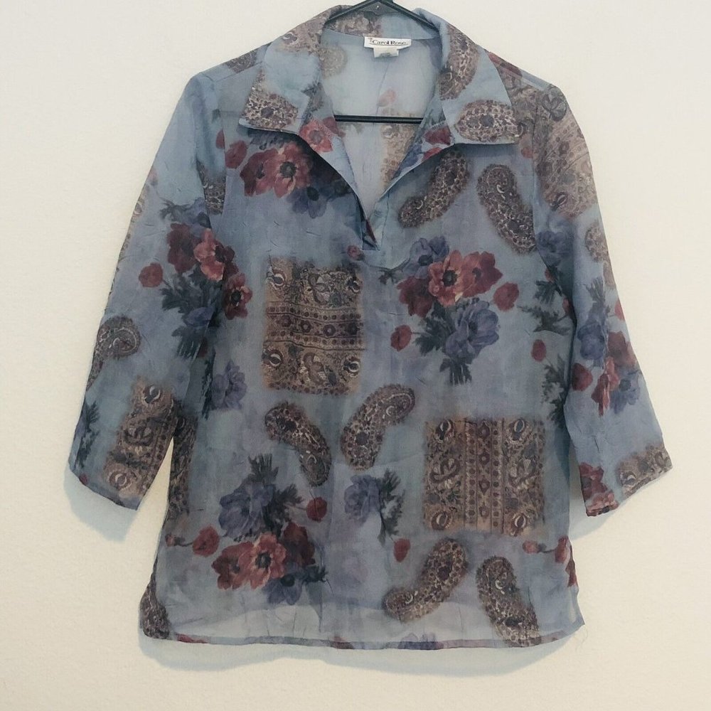 Vintage Carol Rose Sheer See Through Blue Floral Abstract Blouse Women Size Med